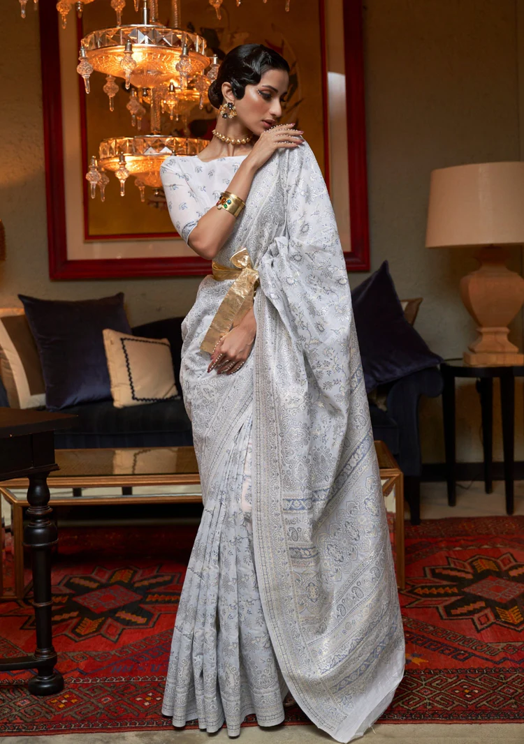 Kashmiri Jamawar Silk White Handloom Saree